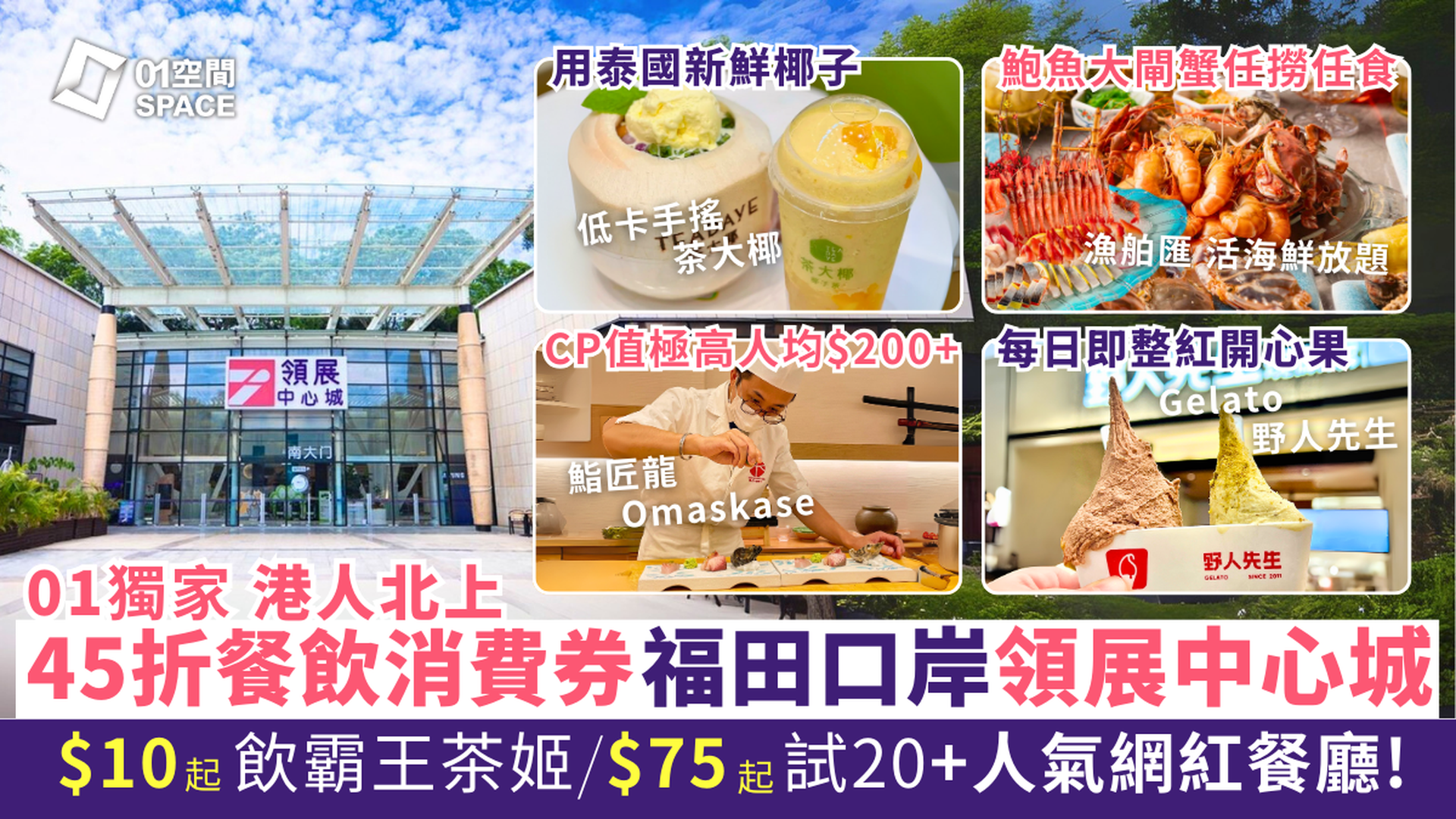 港人北上消費券｜深圳福田口岸領展中心城｜45折起 $10港幣購買 ¥20人民幣茶飲券、$75港幣 購買 ¥100人民幣餐飲券｜30+人氣網紅餐廳適用